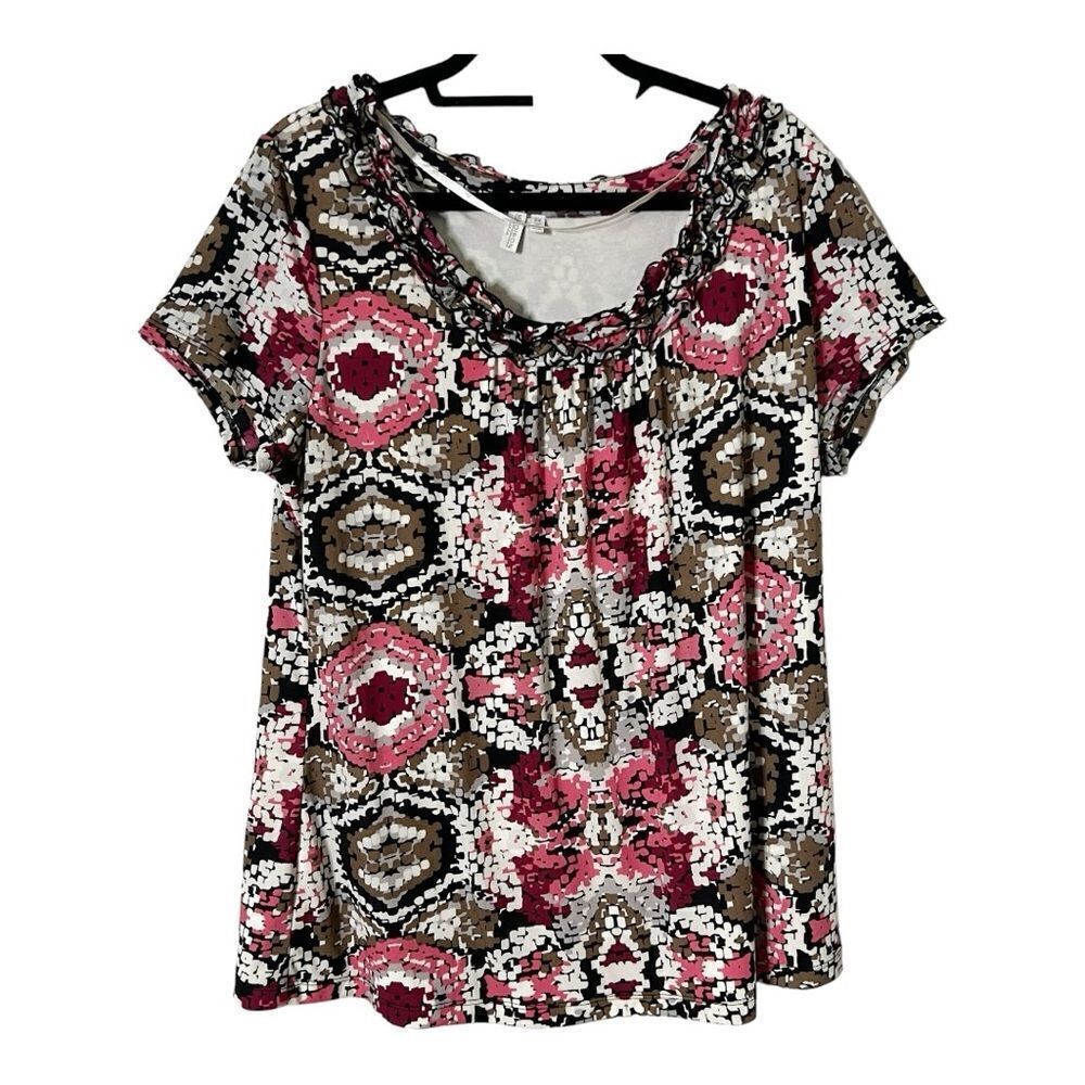 Madison Woman Short Sleeve Multicolor Ruffle‎ Detail Strech Blouse Size 2X